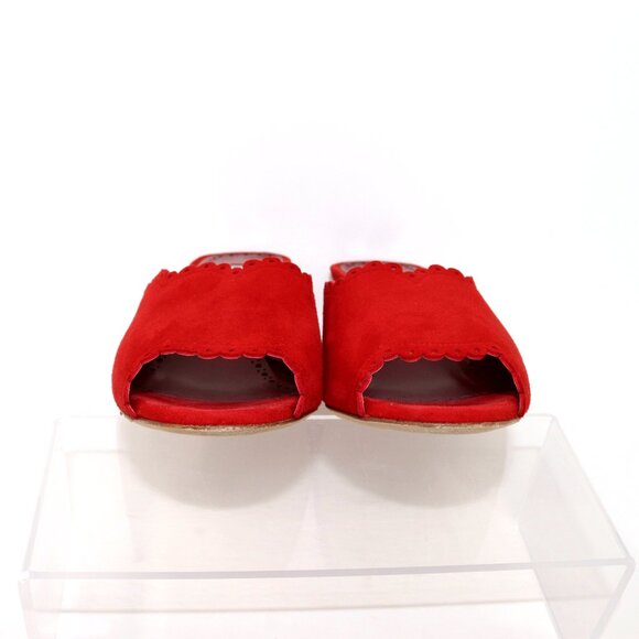 Manolo Blahnik 37.5 Scallop Lace Edge Red Suede Sandal Mule Heel - Picture 9 of 10